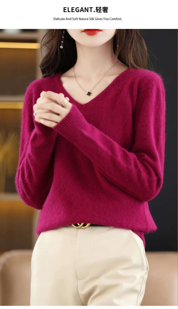 Autumn and Winter New Women's Sweater 100% Mink Cashmere Women's V-neck Pullover Casual Knitting Basic Fashion Large Top