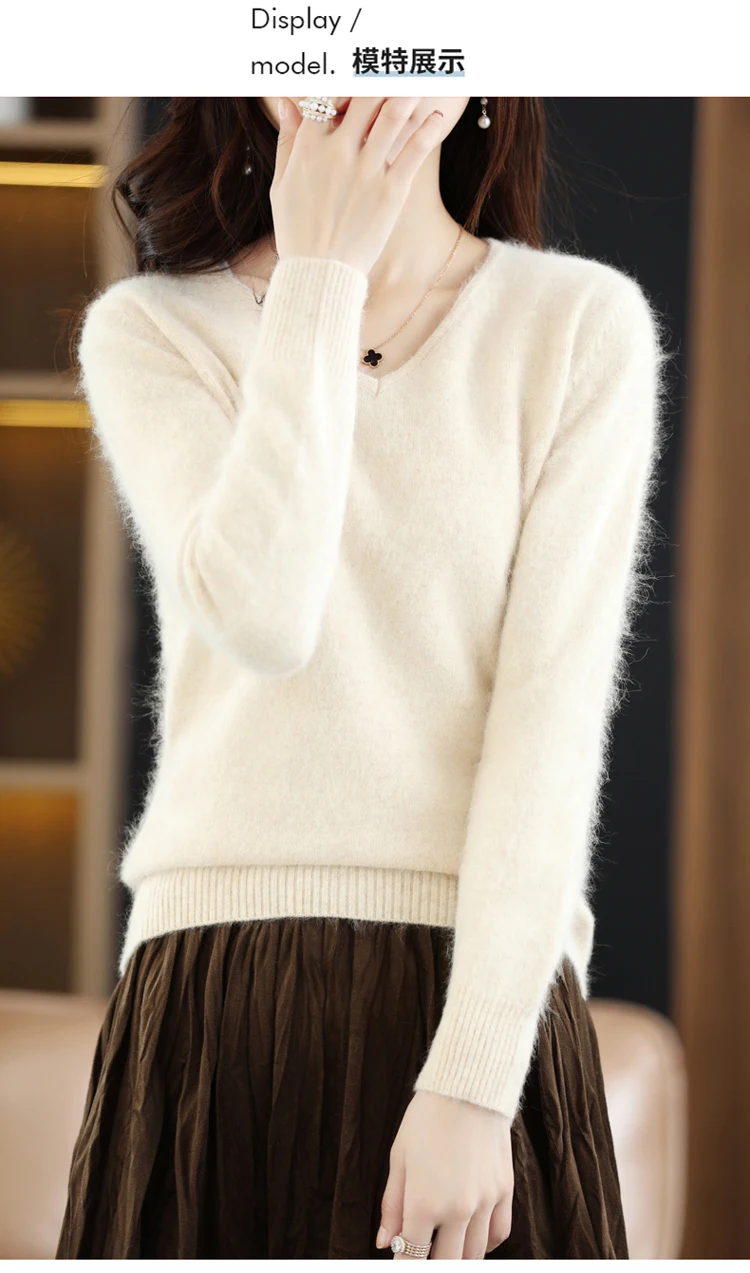 Autumn and Winter New Women's Sweater 100% Mink Cashmere Women's V-neck Pullover Casual Knitting Basic Fashion Large Top