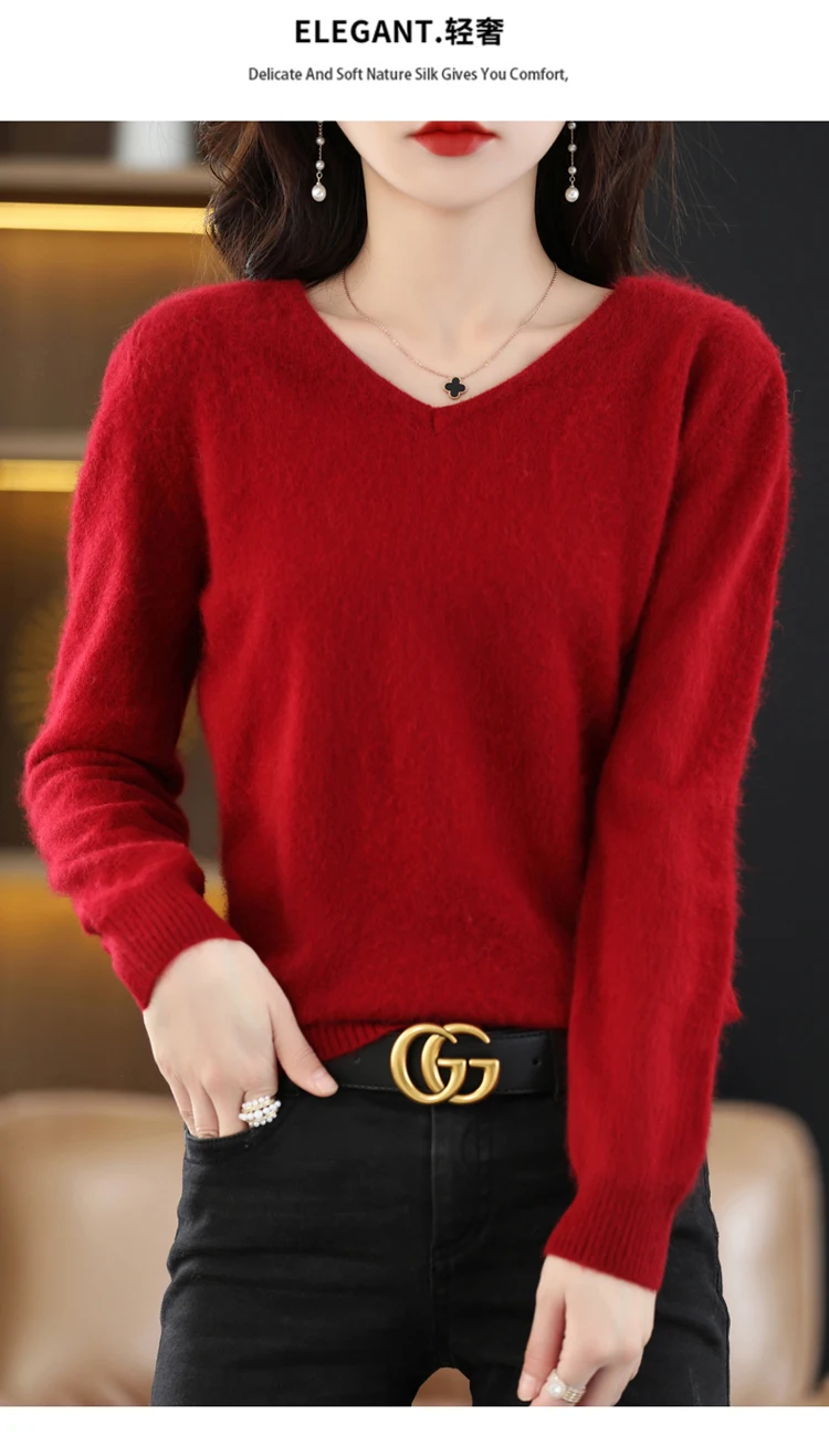 Autumn and Winter New Women's Sweater 100% Mink Cashmere Women's V-neck Pullover Casual Knitting Basic Fashion Large Top