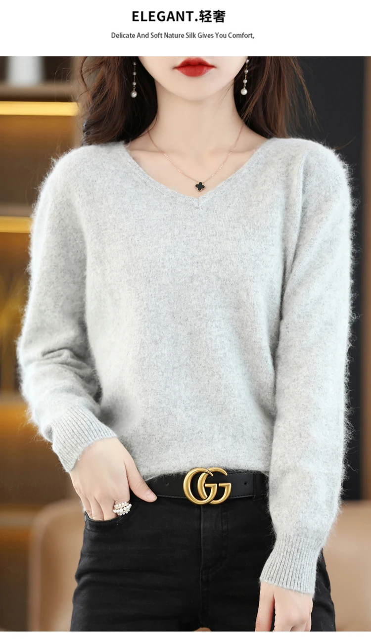 Autumn and Winter New Women's Sweater 100% Mink Cashmere Women's V-neck Pullover Casual Knitting Basic Fashion Large Top