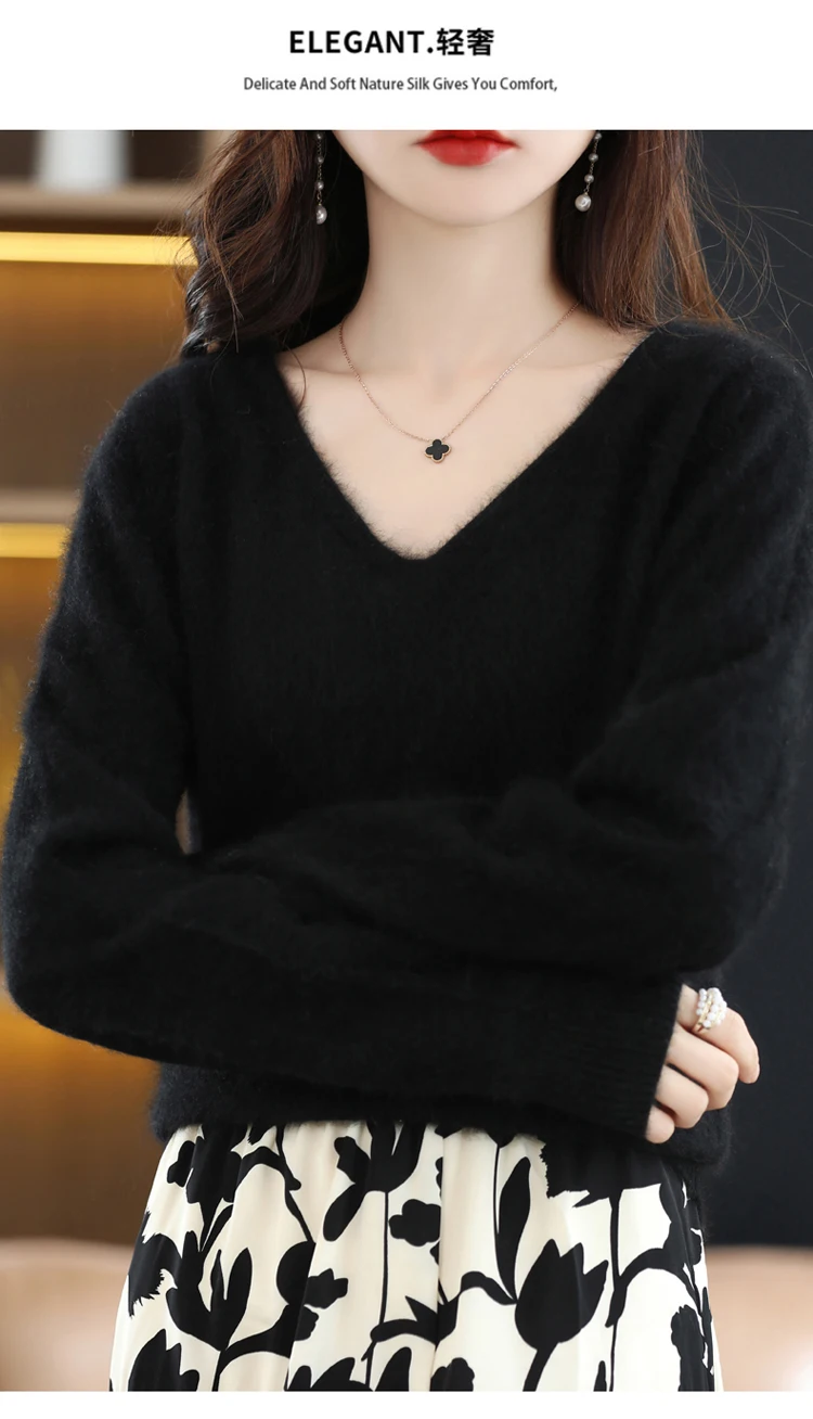 Autumn and Winter New Women's Sweater 100% Mink Cashmere Women's V-neck Pullover Casual Knitting Basic Fashion Large Top