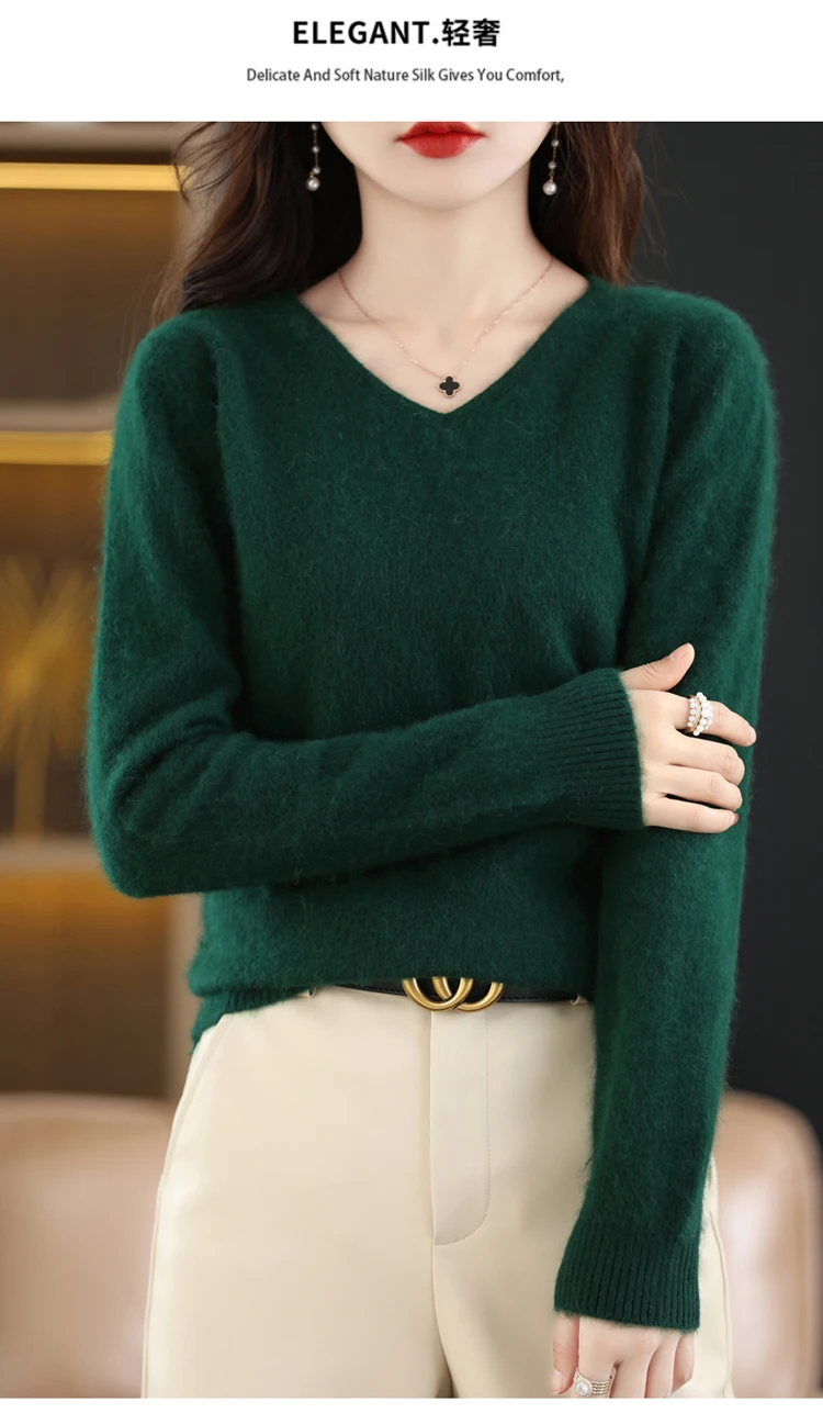 Autumn and Winter New Women's Sweater 100% Mink Cashmere Women's V-neck Pullover Casual Knitting Basic Fashion Large Top