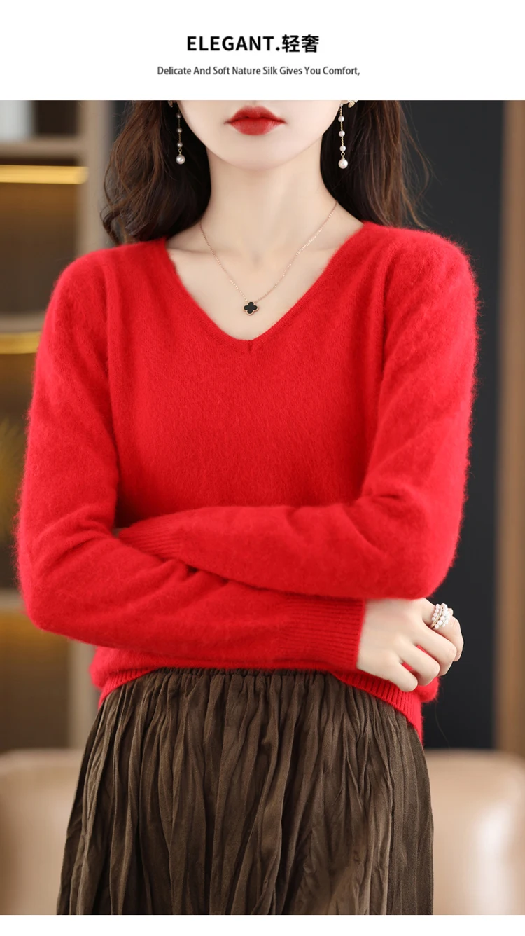 Autumn and Winter New Women's Sweater 100% Mink Cashmere Women's V-neck Pullover Casual Knitting Basic Fashion Large Top
