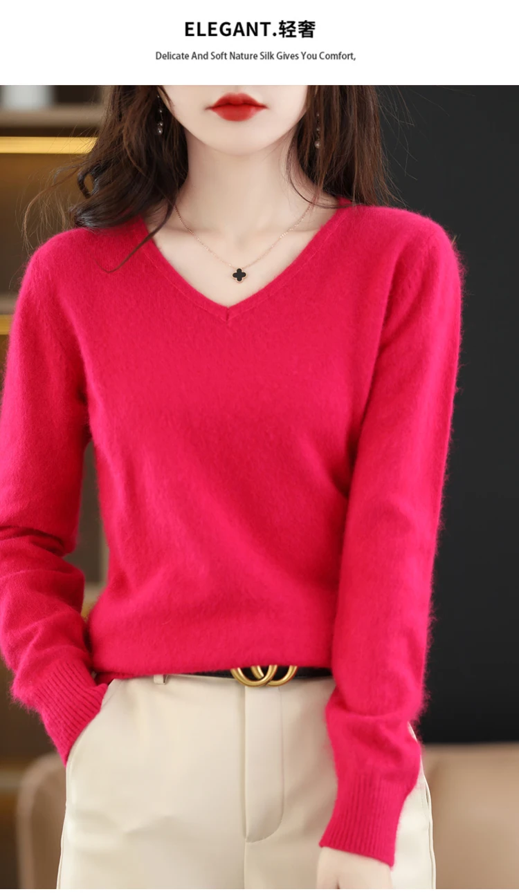 Autumn and Winter New Women's Sweater 100% Mink Cashmere Women's V-neck Pullover Casual Knitting Basic Fashion Large Top
