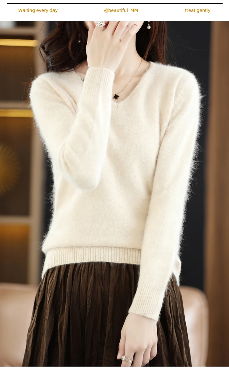 Autumn and Winter New Women's Sweater 100% Mink Cashmere Women's V-neck Pullover Casual Knitting Basic Fashion Large Top