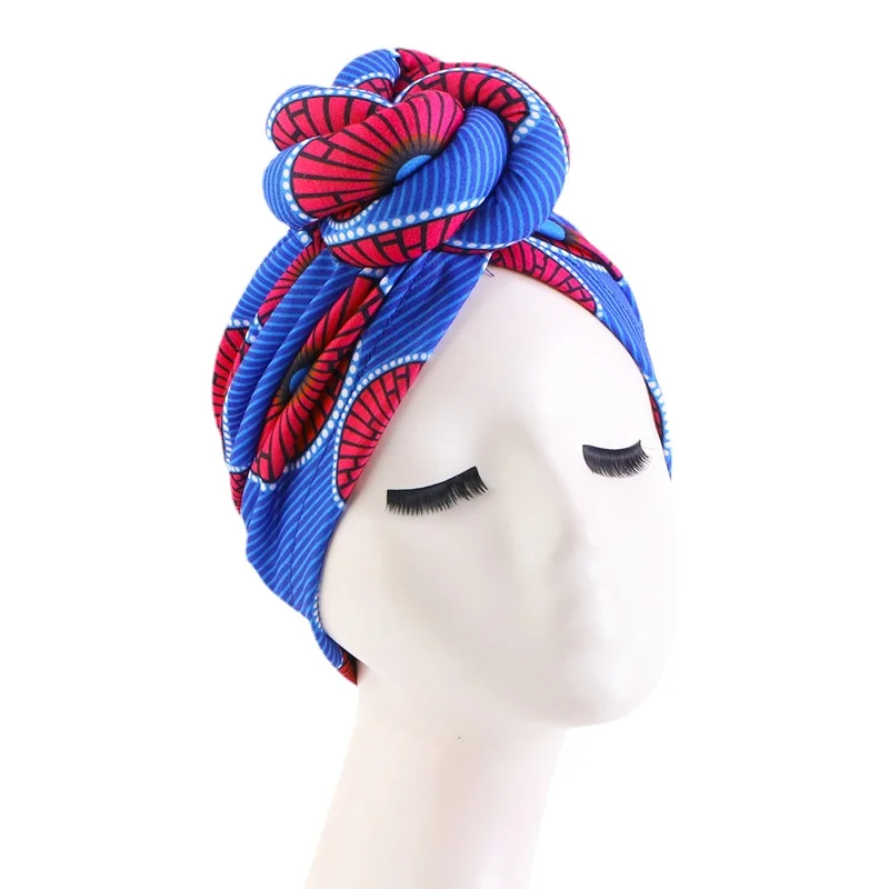 African Print Women Large Flower Stretch Turban Hat Headwrap Bonnet Hat Wedding Party Headwear Lady Muslim Hijab Hat Head Cover