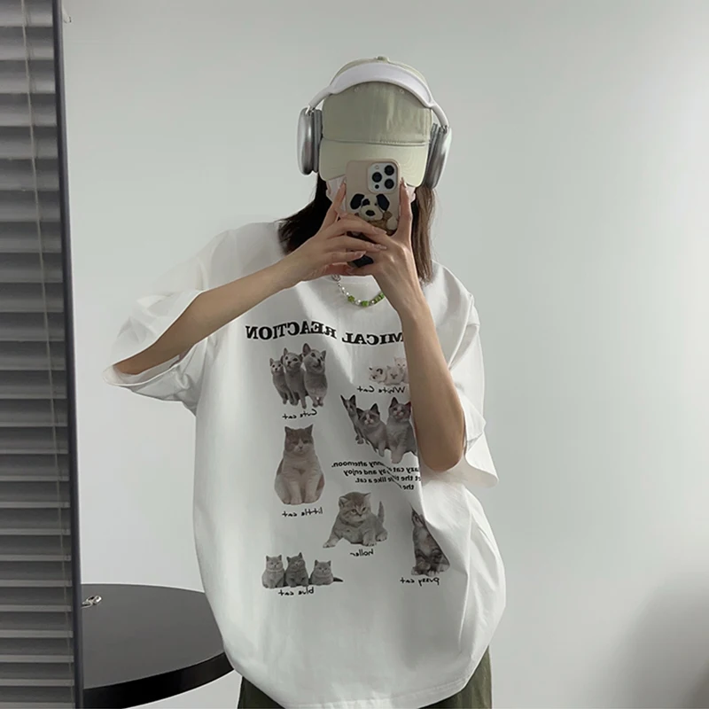 Y2k Top Women T-Shirt Oversized Kawaii Cat Cotton Summer Tees Harajuku Korean Fashion Short Sleeve Streetwear Aesthetic Clothing