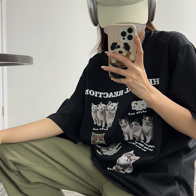 Y2k Top Women T-Shirt Oversized Kawaii Cat Cotton Summer Tees Harajuku Korean Fashion Short Sleeve Streetwear Aesthetic Clothing