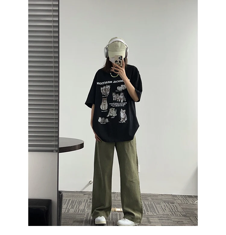 Y2k Top Women T-Shirt Oversized Kawaii Cat Cotton Summer Tees Harajuku Korean Fashion Short Sleeve Streetwear Aesthetic Clothing