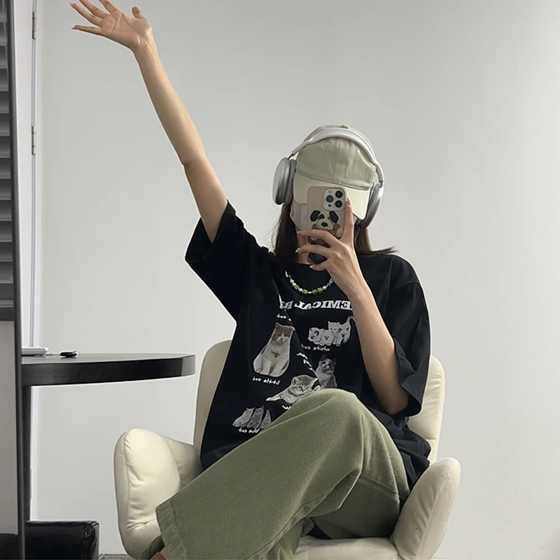 Y2k Top Women T-Shirt Oversized Kawaii Cat Cotton Summer Tees Harajuku Korean Fashion Short Sleeve Streetwear Aesthetic Clothing