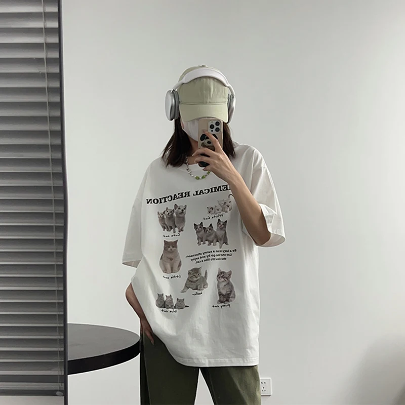 Y2k Top Women T-Shirt Oversized Kawaii Cat Cotton Summer Tees Harajuku Korean Fashion Short Sleeve Streetwear Aesthetic Clothing