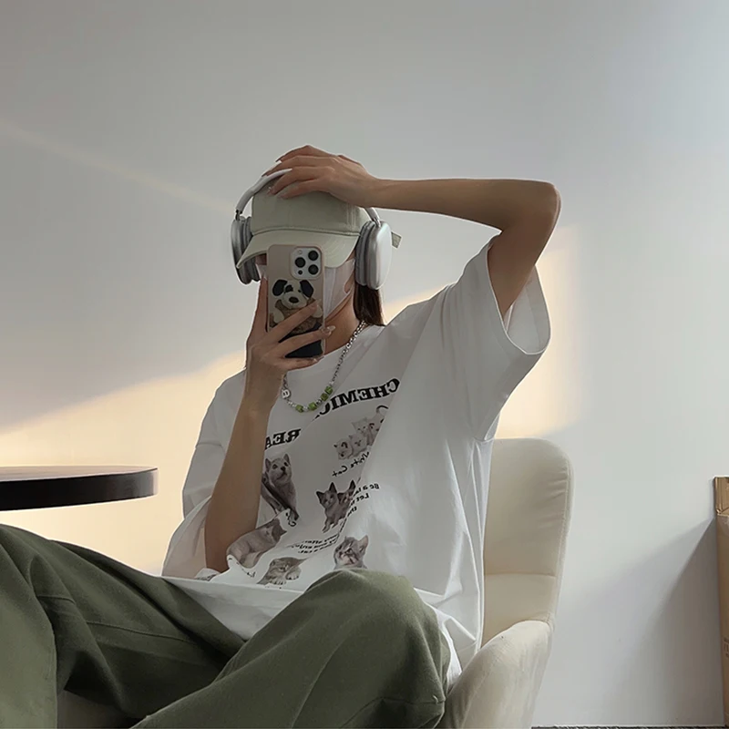 Y2k Top Women T-Shirt Oversized Kawaii Cat Cotton Summer Tees Harajuku Korean Fashion Short Sleeve Streetwear Aesthetic Clothing
