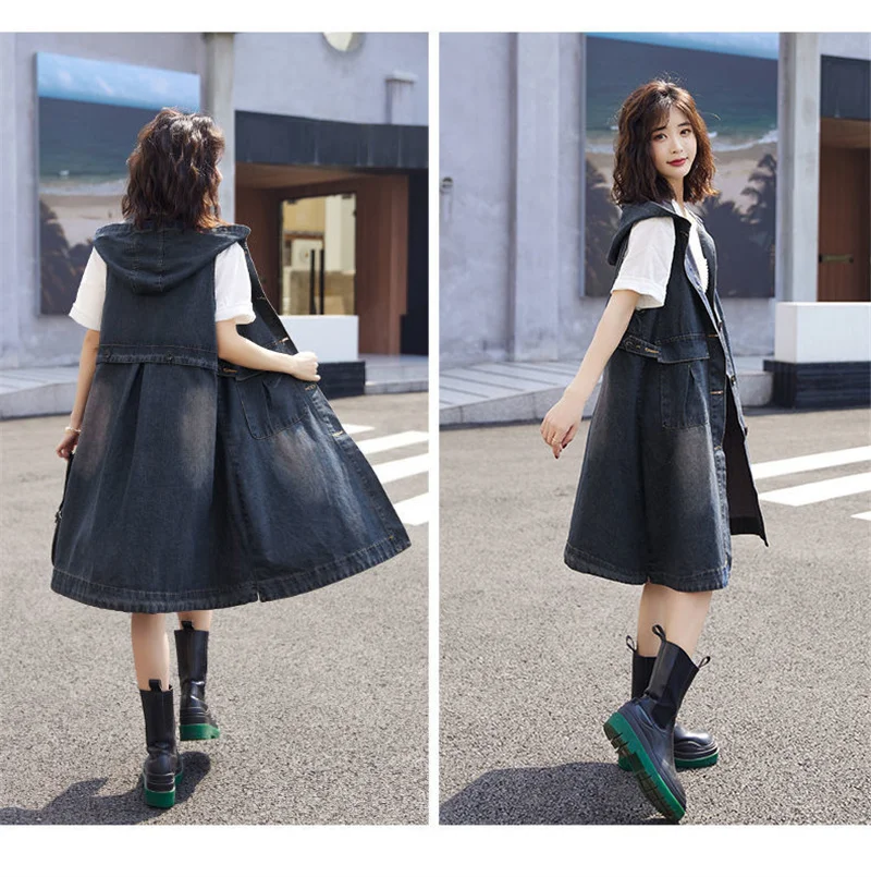 Denim Vest Dress Mid-Length 2026 Spring Autumn Korean Version The Trend Fashion Large Pocket Female Vest Strap Skirt