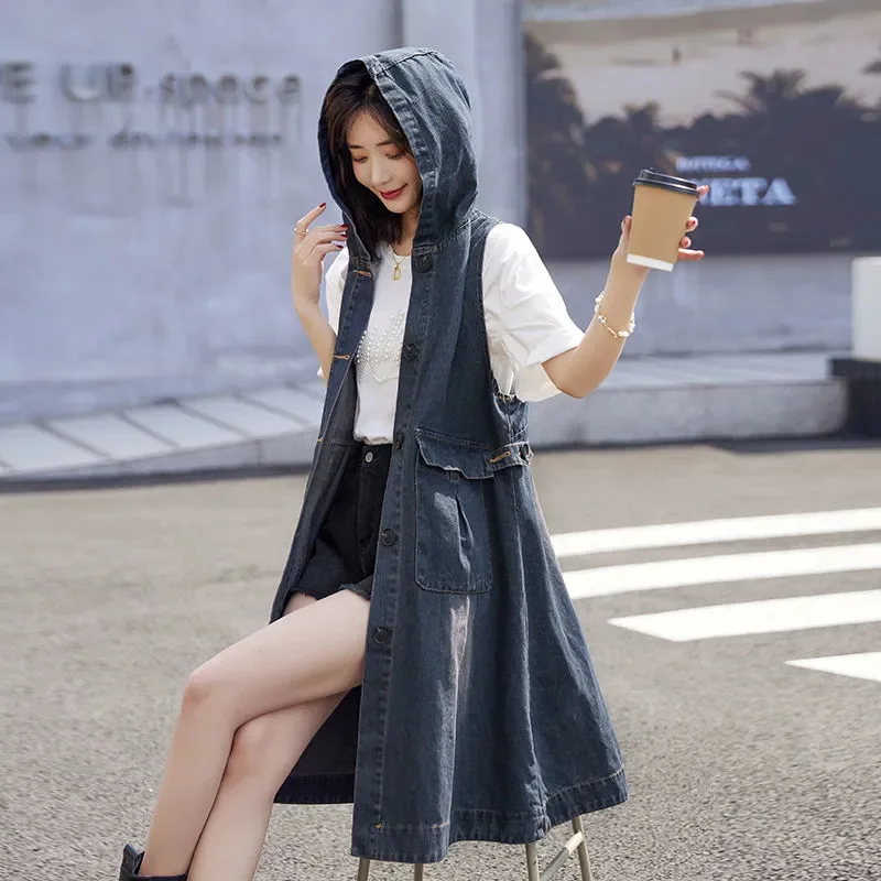 Denim Vest Dress Mid-Length 2026 Spring Autumn Korean Version The Trend Fashion Large Pocket Female Vest Strap Skirt