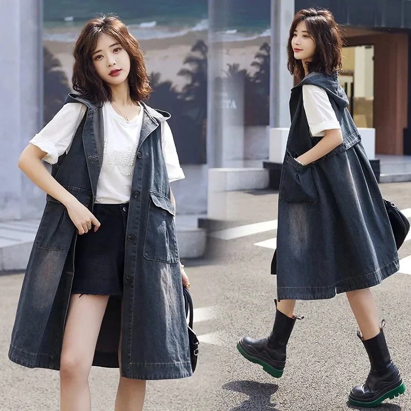 Denim Vest Dress Mid-Length 2026 Spring Autumn Korean Version The Trend Fashion Large Pocket Female Vest Strap Skirt