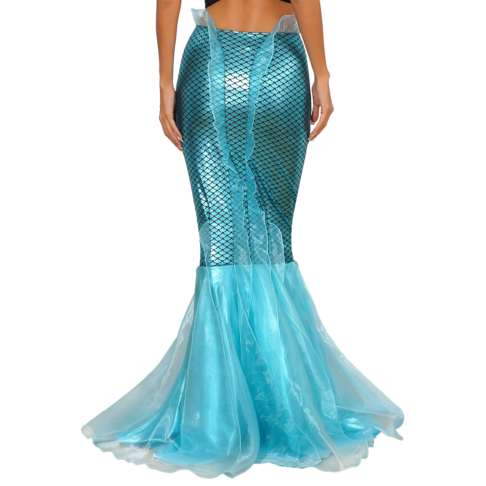 Halloween Costumes Women Mermaid Tail Dress Up Party Shiny Metallic Fishtail Long Maxi Skirts Mermaid Role Play Cosplay Gown