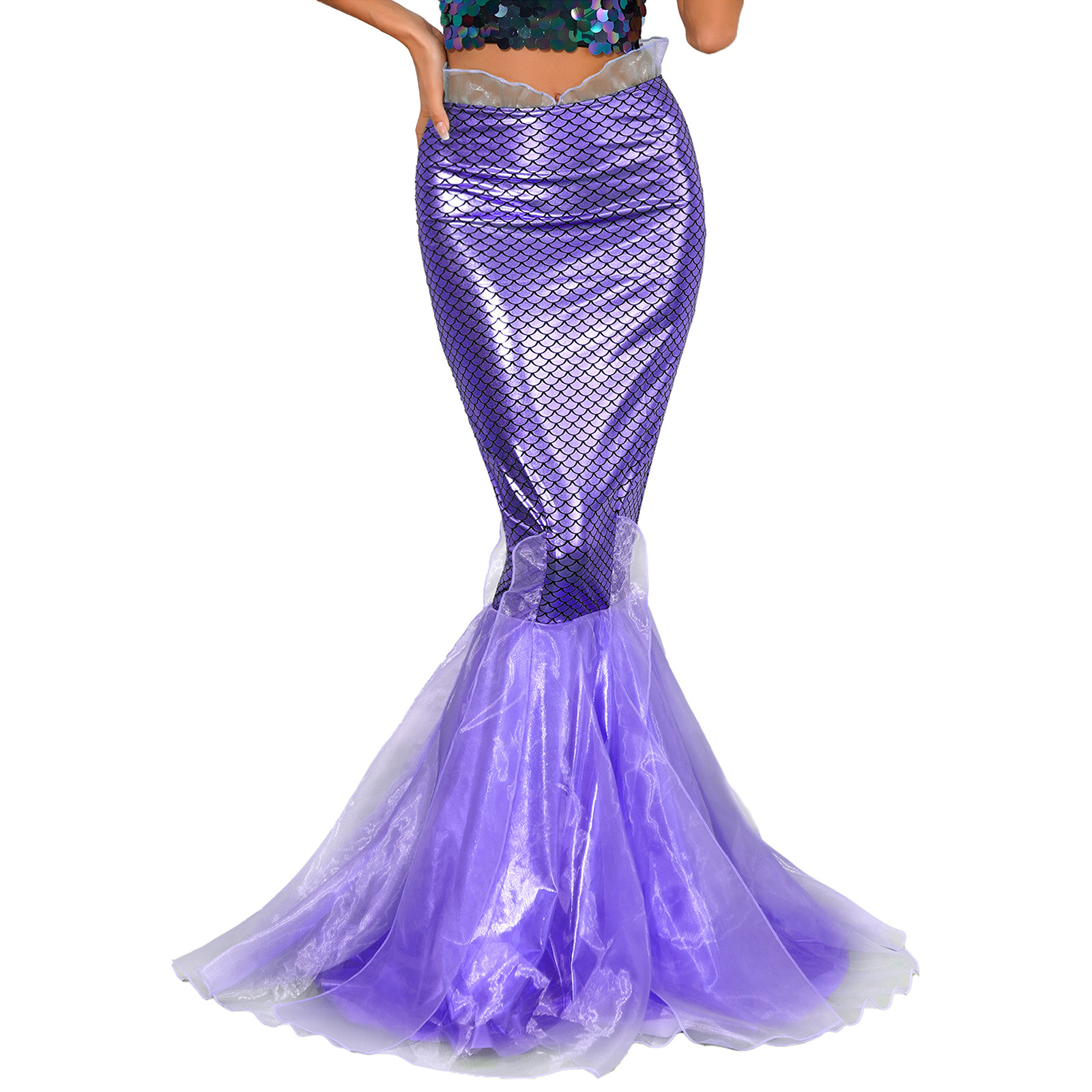 Halloween Costumes Women Mermaid Tail Dress Up Party Shiny Metallic Fishtail Long Maxi Skirts Mermaid Role Play Cosplay Gown
