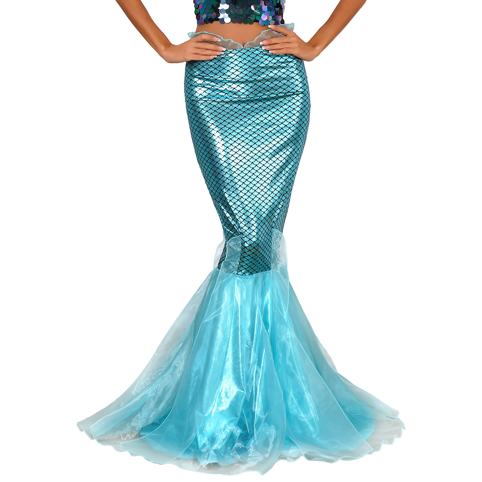Halloween Costumes Women Mermaid Tail Dress Up Party Shiny Metallic Fishtail Long Maxi Skirts Mermaid Role Play Cosplay Gown