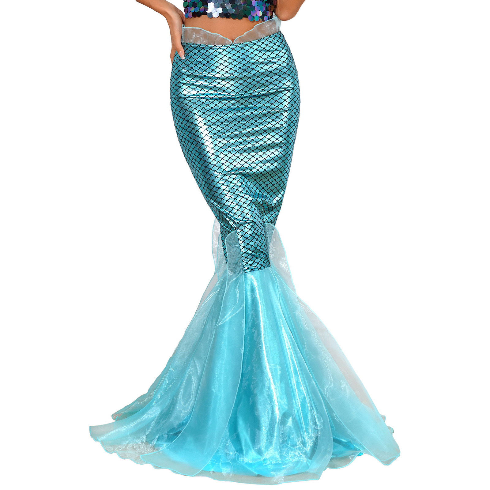 Halloween Costumes Women Mermaid Tail Dress Up Party Shiny Metallic Fishtail Long Maxi Skirts Mermaid Role Play Cosplay Gown