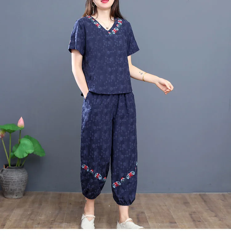 Women's Panties Set New Summer Short Sleeve V Neck Crop Top Outfit Sets For Women Vintage Middle Aged Mother Two Piece Suit 4xl