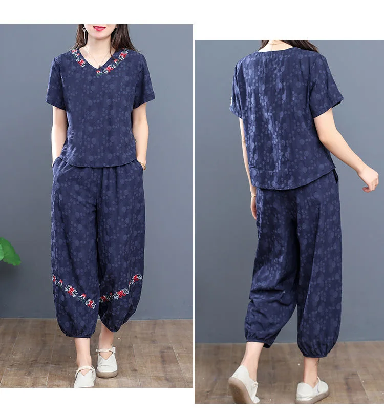 Women's Panties Set New Summer Short Sleeve V Neck Crop Top Outfit Sets For Women Vintage Middle Aged Mother Two Piece Suit 4xl