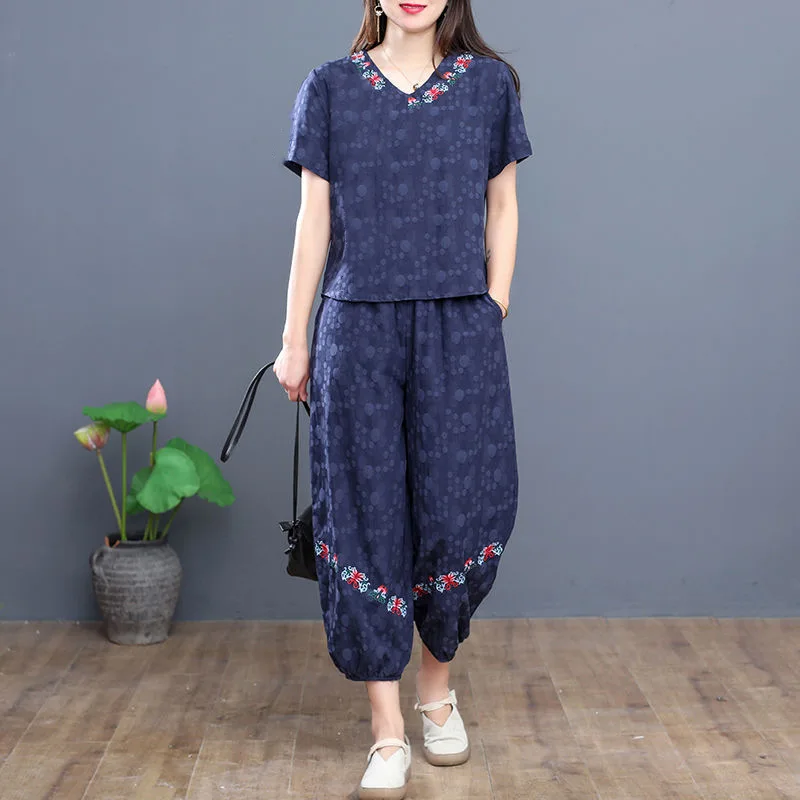 Women's Panties Set New Summer Short Sleeve V Neck Crop Top Outfit Sets For Women Vintage Middle Aged Mother Two Piece Suit 4xl