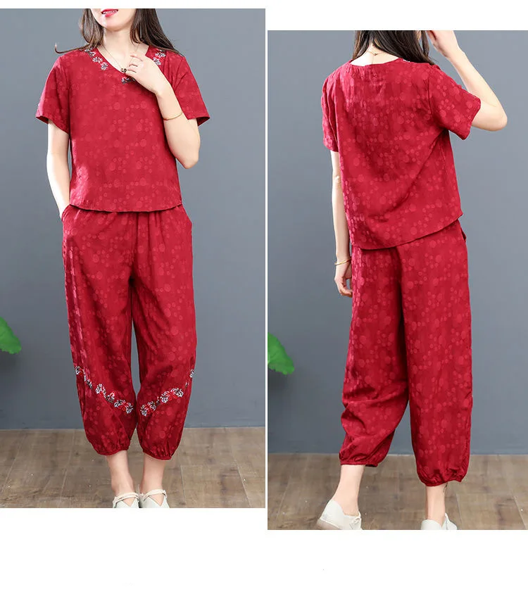 Women's Panties Set New Summer Short Sleeve V Neck Crop Top Outfit Sets For Women Vintage Middle Aged Mother Two Piece Suit 4xl