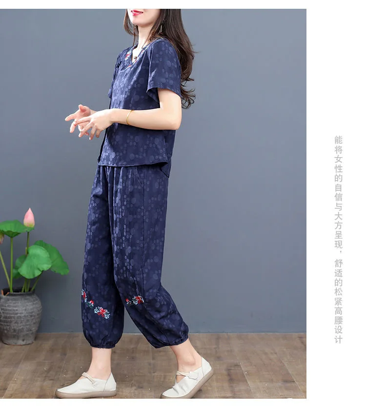 Women's Panties Set New Summer Short Sleeve V Neck Crop Top Outfit Sets For Women Vintage Middle Aged Mother Two Piece Suit 4xl