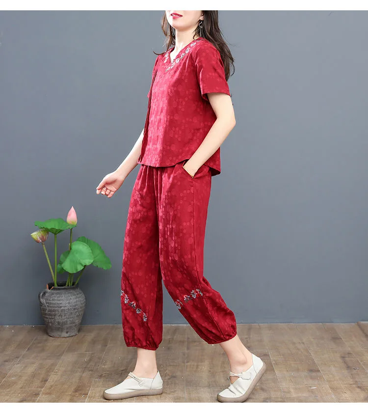 Women's Panties Set New Summer Short Sleeve V Neck Crop Top Outfit Sets For Women Vintage Middle Aged Mother Two Piece Suit 4xl