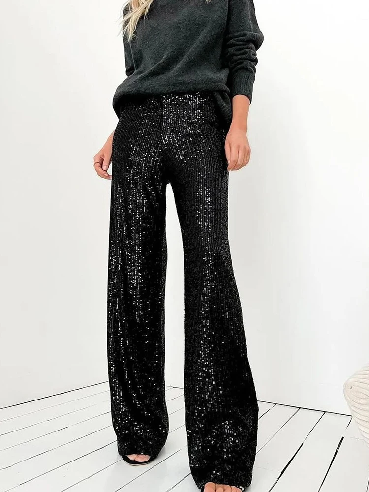 Elastic Waist Patchwork Sequined Trousers Women Loose Fit Streetwear Long Pants Chic Lady Spring Autumn Straight Pants 2026 New