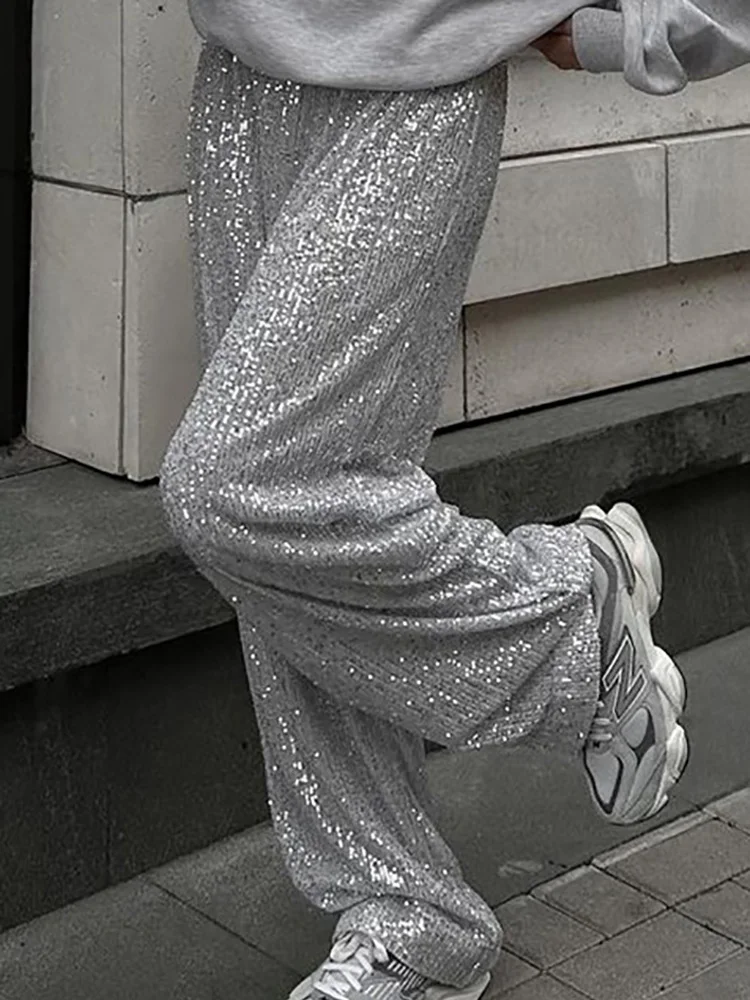 Elastic Waist Patchwork Sequined Trousers Women Loose Fit Streetwear Long Pants Chic Lady Spring Autumn Straight Pants 2026 New