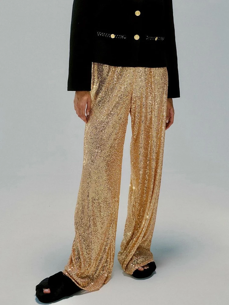Elastic Waist Patchwork Sequined Trousers Women Loose Fit Streetwear Long Pants Chic Lady Spring Autumn Straight Pants 2026 New