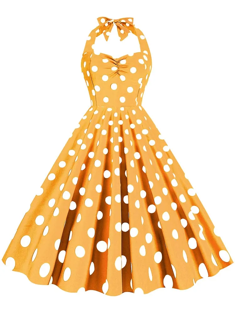 Black Polka Dot Print Vintage Dress for Women Summer Sexy Halter Elegant Party Prom Midi Sundress