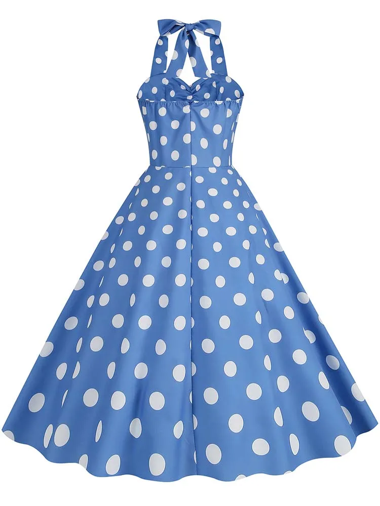 Black Polka Dot Print Vintage Dress for Women Summer Sexy Halter Elegant Party Prom Midi Sundress