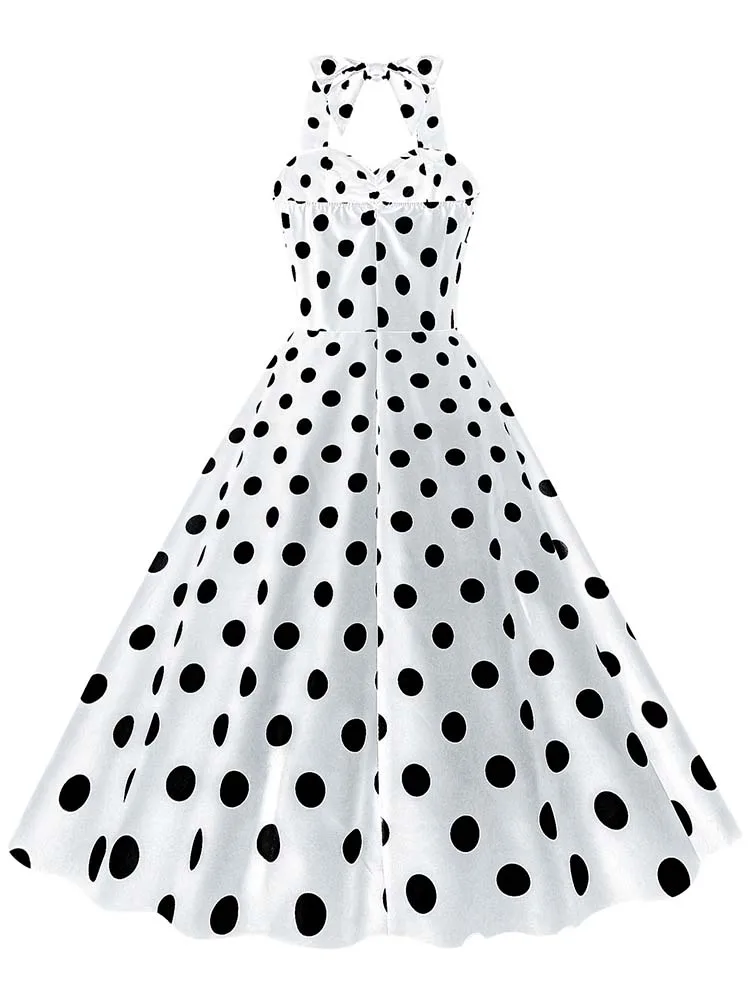 Black Polka Dot Print Vintage Dress for Women Summer Sexy Halter Elegant Party Prom Midi Sundress