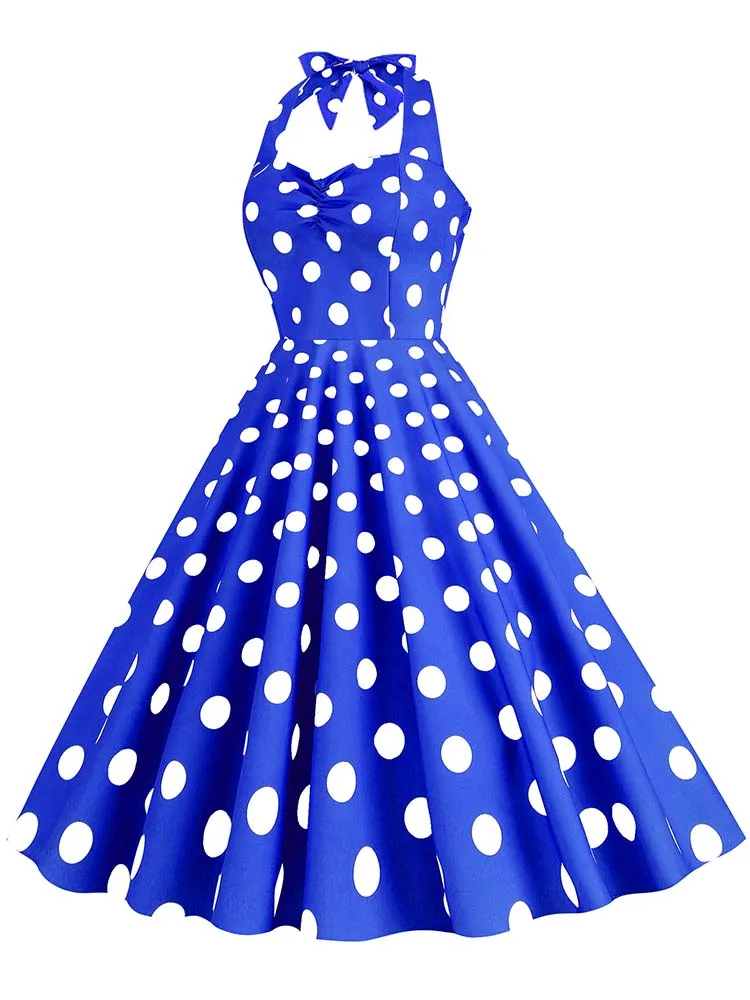 Black Polka Dot Print Vintage Dress for Women Summer Sexy Halter Elegant Party Prom Midi Sundress