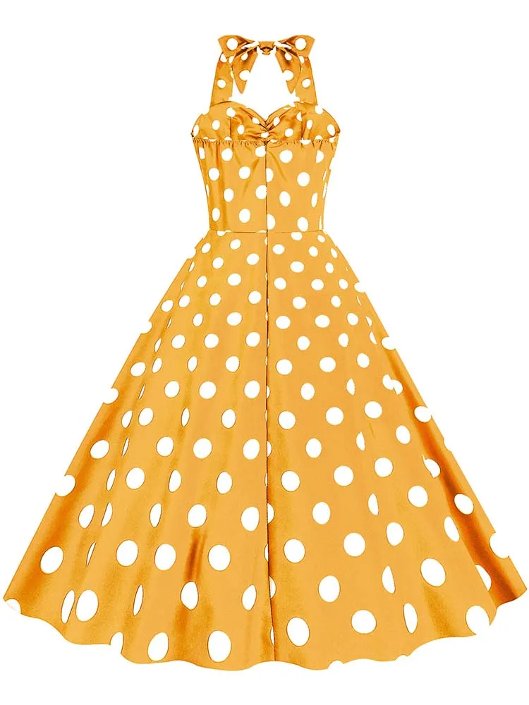 Black Polka Dot Print Vintage Dress for Women Summer Sexy Halter Elegant Party Prom Midi Sundress