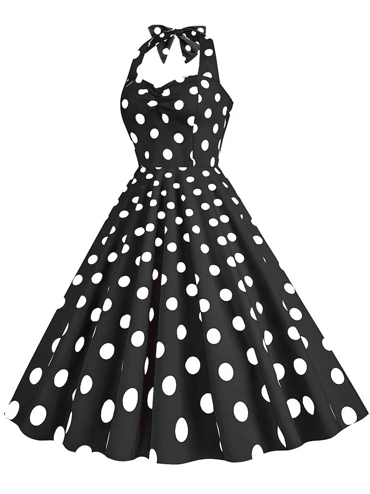Black Polka Dot Print Vintage Dress for Women Summer Sexy Halter Elegant Party Prom Midi Sundress