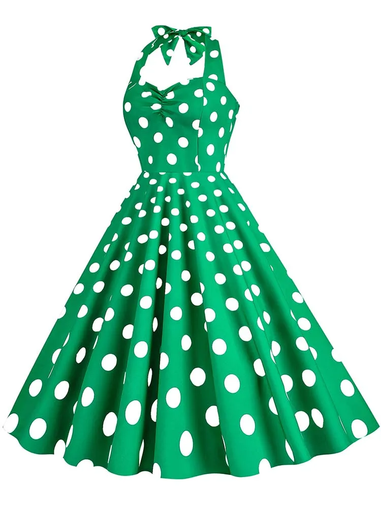 Black Polka Dot Print Vintage Dress for Women Summer Sexy Halter Elegant Party Prom Midi Sundress