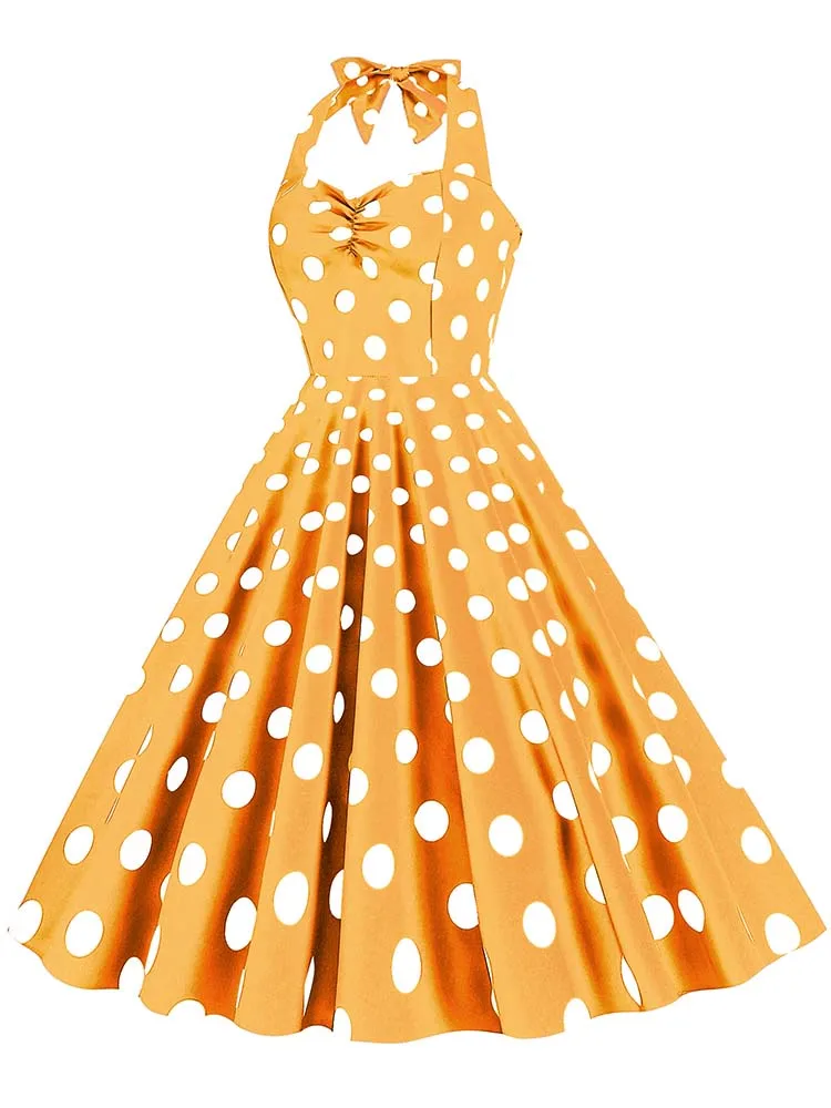 Black Polka Dot Print Vintage Dress for Women Summer Sexy Halter Elegant Party Prom Midi Sundress