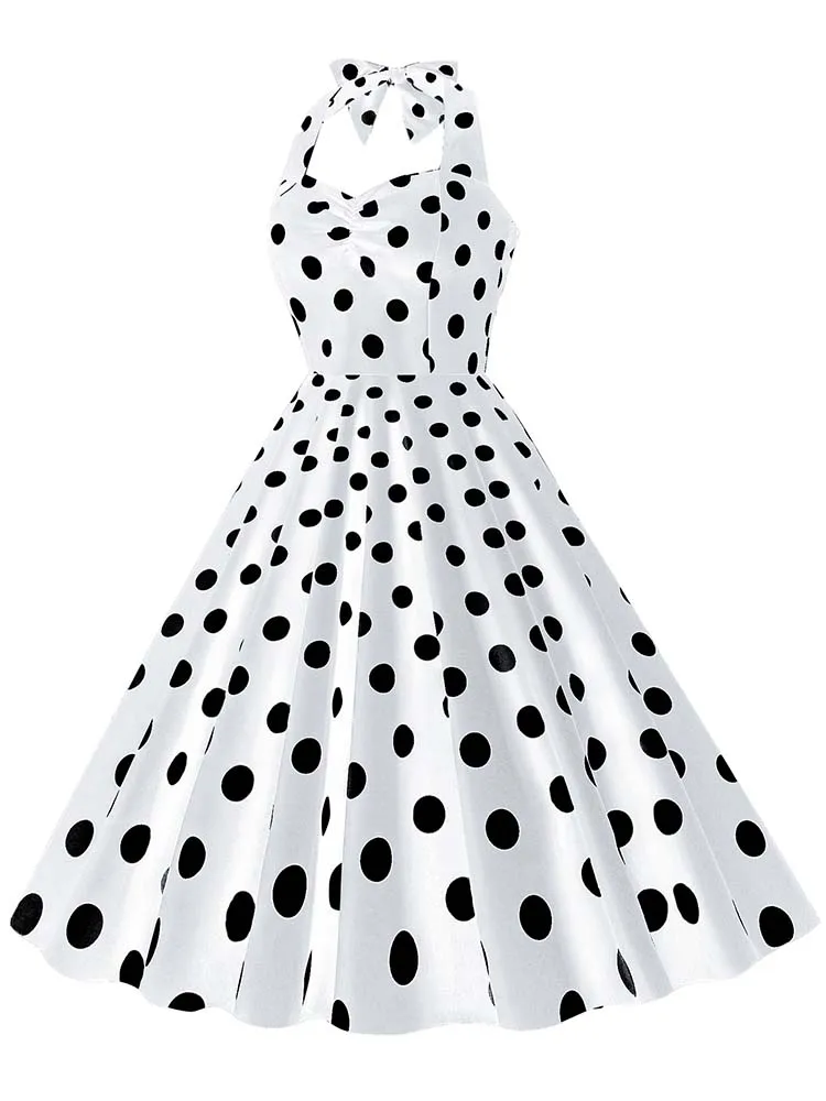 Black Polka Dot Print Vintage Dress for Women Summer Sexy Halter Elegant Party Prom Midi Sundress