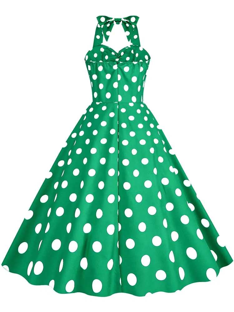 Black Polka Dot Print Vintage Dress for Women Summer Sexy Halter Elegant Party Prom Midi Sundress