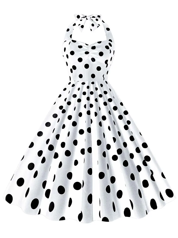 Black Polka Dot Print Vintage Dress for Women Summer Sexy Halter Elegant Party Prom Midi Sundress