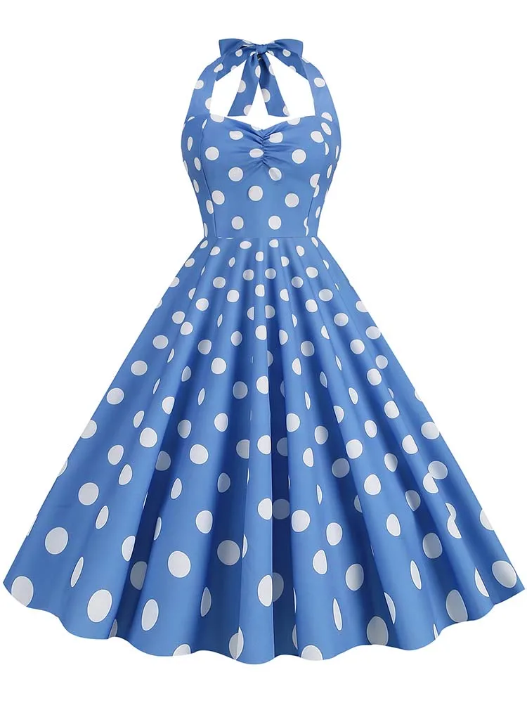Black Polka Dot Print Vintage Dress for Women Summer Sexy Halter Elegant Party Prom Midi Sundress