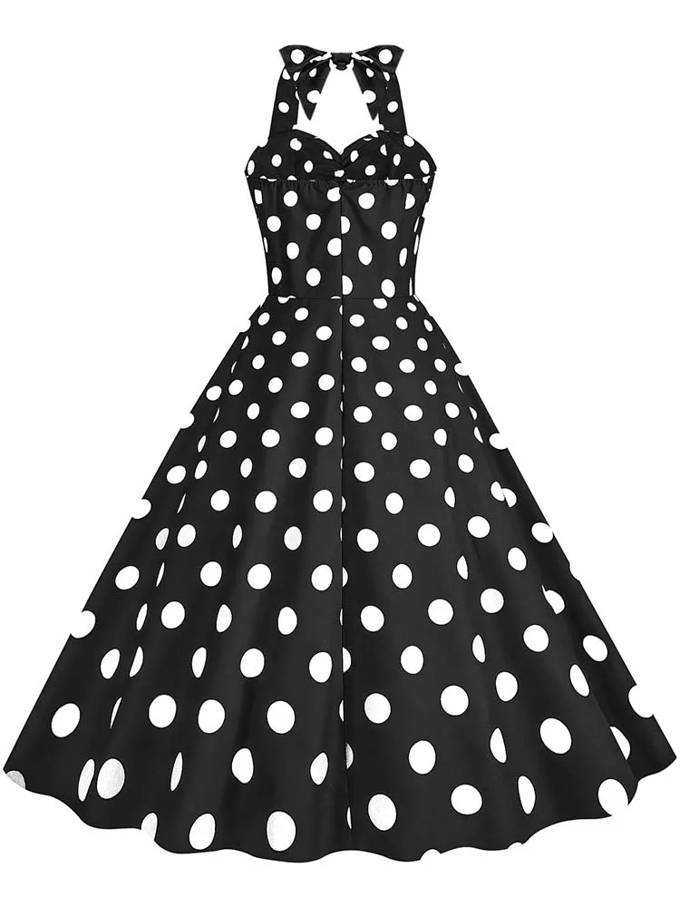 Black Polka Dot Print Vintage Dress for Women Summer Sexy Halter Elegant Party Prom Midi Sundress