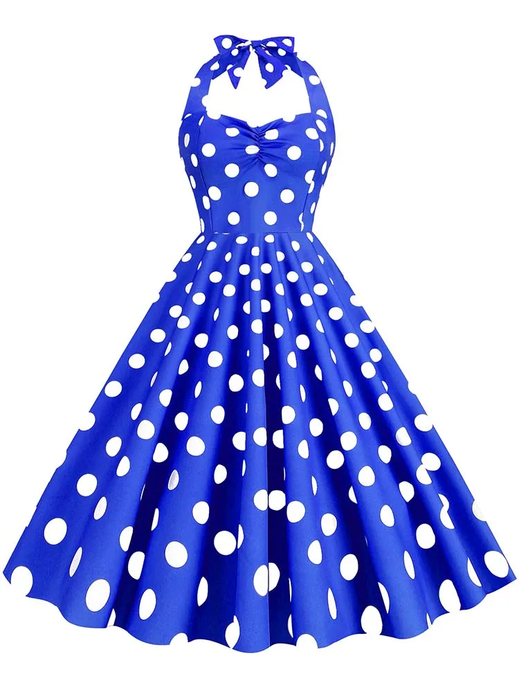 Black Polka Dot Print Vintage Dress for Women Summer Sexy Halter Elegant Party Prom Midi Sundress