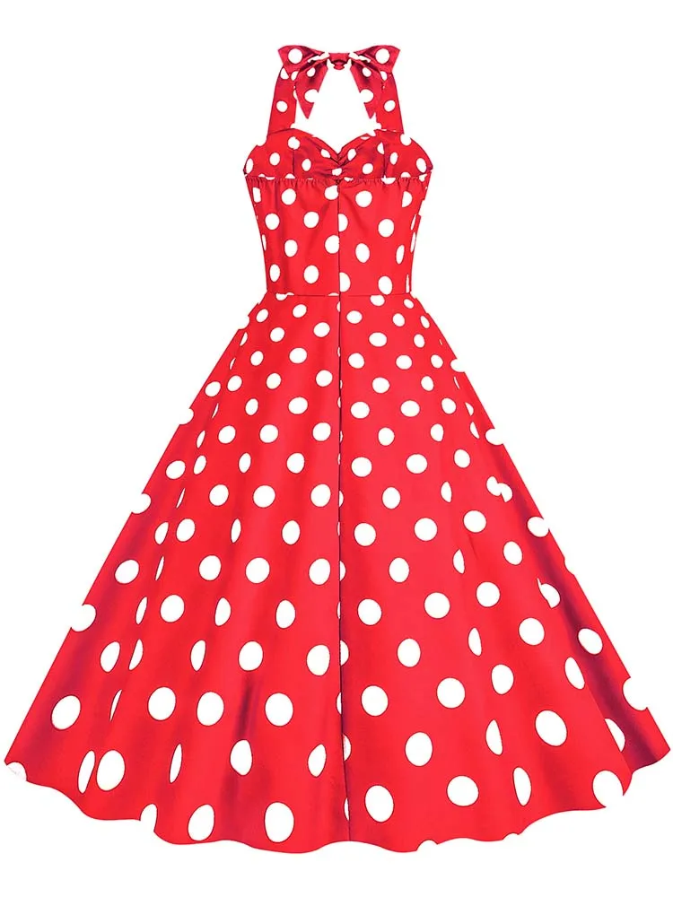 Black Polka Dot Print Vintage Dress for Women Summer Sexy Halter Elegant Party Prom Midi Sundress
