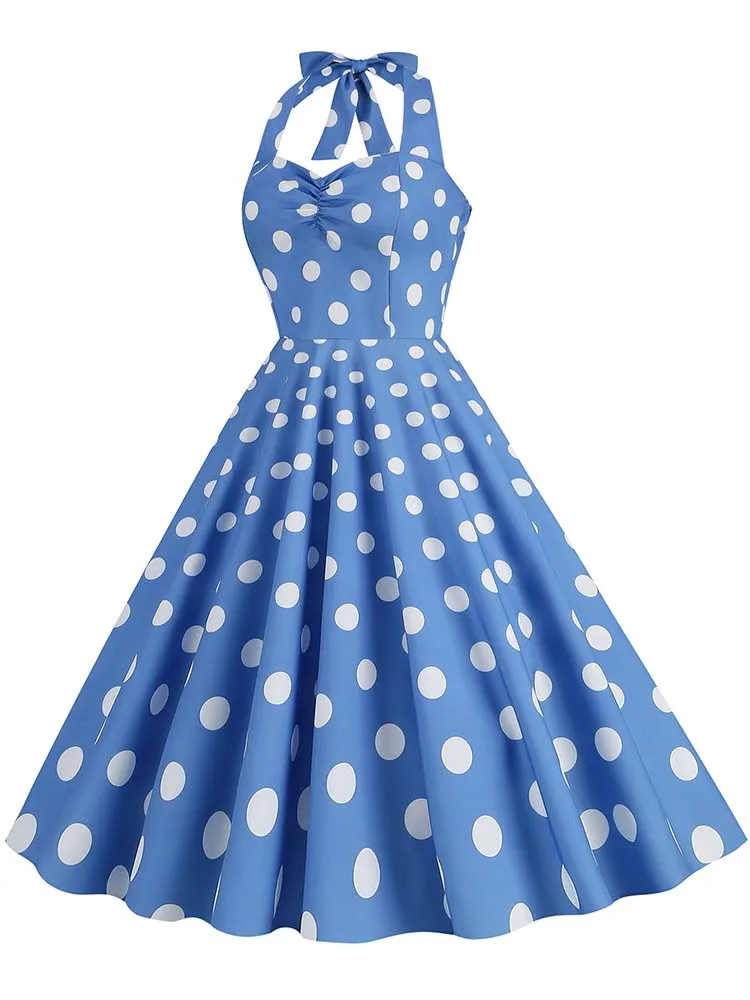 Black Polka Dot Print Vintage Dress for Women Summer Sexy Halter Elegant Party Prom Midi Sundress