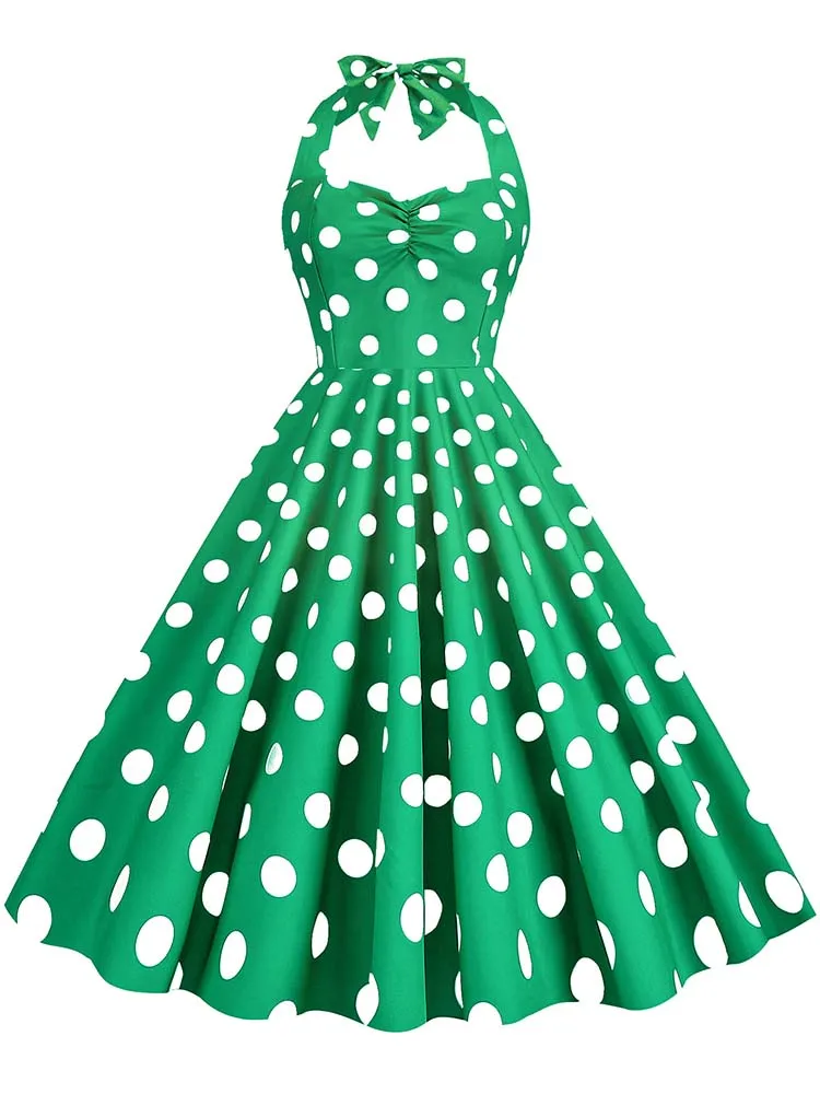 Black Polka Dot Print Vintage Dress for Women Summer Sexy Halter Elegant Party Prom Midi Sundress