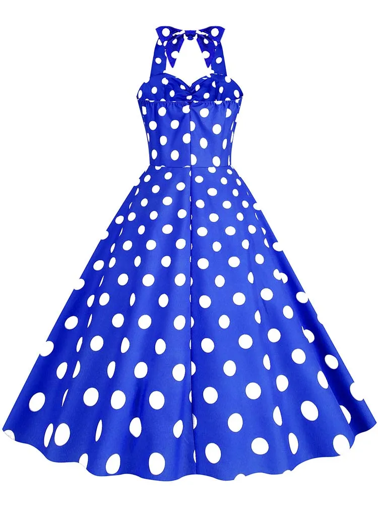 Black Polka Dot Print Vintage Dress for Women Summer Sexy Halter Elegant Party Prom Midi Sundress